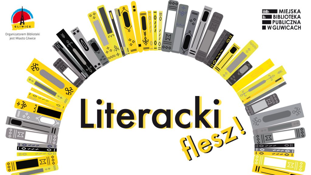 Literacki flesz - nazwa cyklu literackiego online. W tle książki.