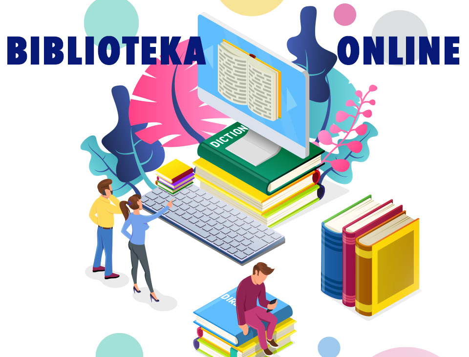 Biblioteka online nazwa projektu. W tle kolorowe postaci, laptop, książki.