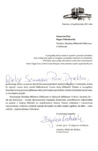 75 lat MBP - list gratulacyjny od Biblioteki Śląskiej