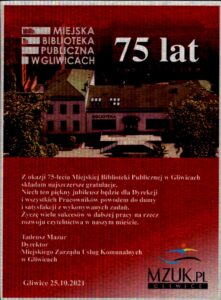75 lat MBP - list gratulacyjny od MZUK w Gliwicach