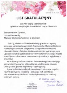 75 lat MBP - list gratulacyjny od Przedszkola Miejskiego nr 21 w Gliwicach
