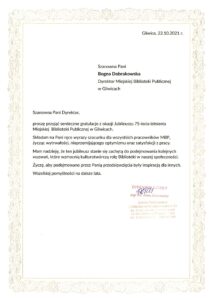 75 lat MBP - list gratulacyjny od Szkoły Podstawowej nr 21 w Gliwicach