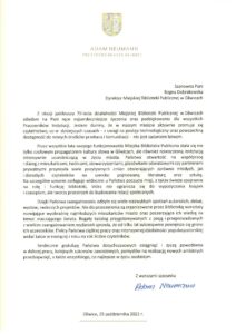 75 lat MBP - list gratulacyjny od Prezydenta miasta Gliwice